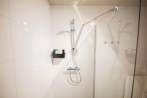 鹿特丹Exquisite 3 Bedroom Apartment的带淋浴的浴室和玻璃门