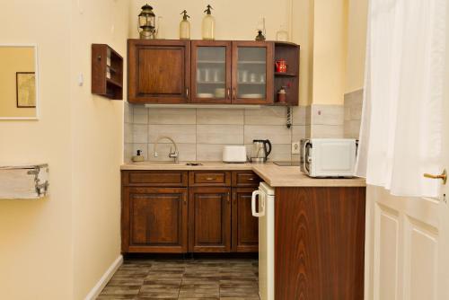 沙罗什保陶克Kurucz Apartman的一个带木制橱柜和水槽的厨房