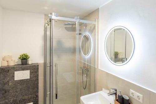 沙博伊茨Hotel BUTZ的带淋浴、盥洗盆和镜子的浴室