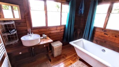 拉普兰德帕尔米斯特Chalet TanZanTan的带浴缸、水槽和窗户的浴室