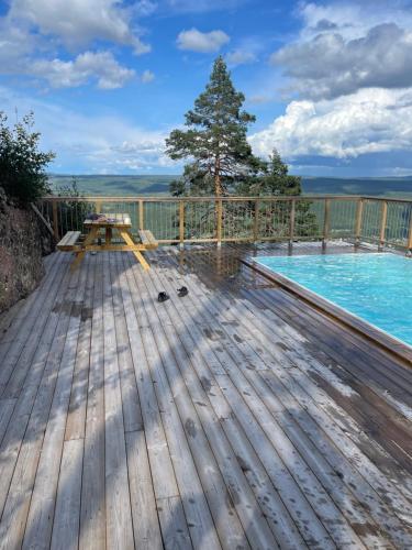 布拉纳斯Brand new mountain cabin的木甲板上设有游泳池和树