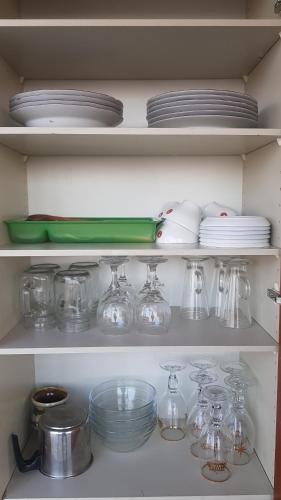 科斯蒂内什蒂Briza Marii的装满玻璃碗和盘子的冰箱架