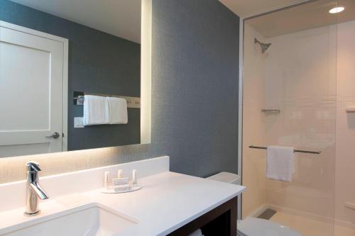 安娜堡安娜堡城中心万豪原住客栈的一间带水槽、卫生间和镜子的浴室