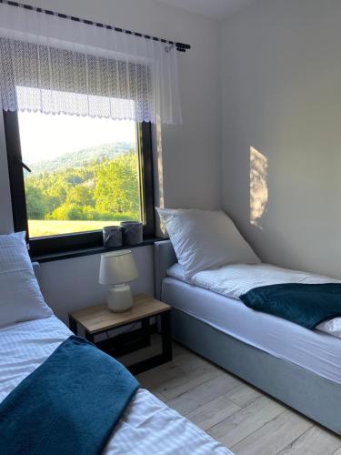 布伦纳DOMKI MADZIA的一间卧室设有两张单人床和一个窗户。