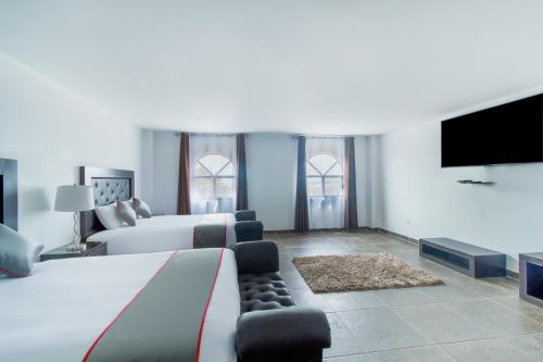 普埃布拉Collection O Hotel Nueva Escocia, Puebla的大型客房配有一张床和一台平面电视。