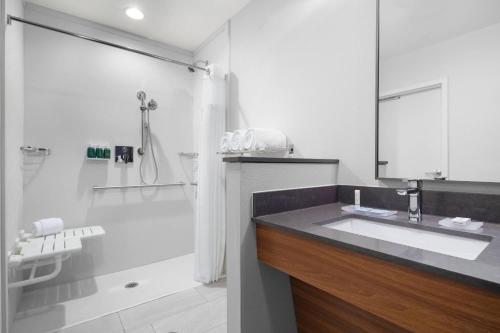 欢乐草原Fairfield Inn & Suites by Marriott Kenosha Pleasant Prairie的白色的浴室设有水槽和淋浴。