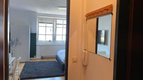 林茨Linz -central condo的客房设有带一张床和镜子的卧室