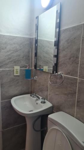 拉里奥哈Departamento cómodo的一间带水槽、镜子和卫生间的浴室