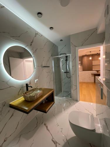 GjakoveGega Apartments的一间带水槽和镜子的浴室