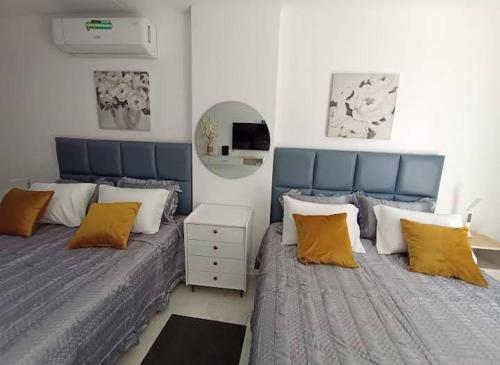 圣克鲁斯Departamento Único, Respiro verde的一间卧室配有两张床和镜子