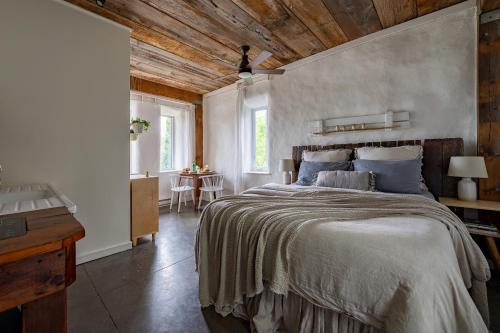 Carrying Place猫头鹰巢套房公寓的一间卧室设有一张带木制天花板的大床