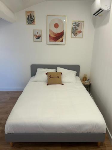 土伦Duplex climatisé proche port Toulon的一间卧室配有一张带白色床单的大床