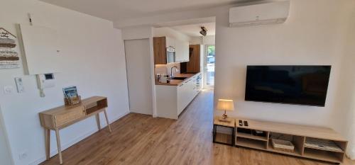 阿卡雄Appartement avec 5 balcons et parking au cœur de la ville!的客厅设有壁挂式平面电视。