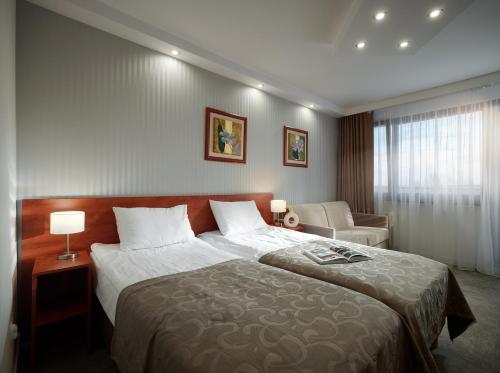 科沃布热格阿尔卡Spa酒店的酒店客房带一张大床和一把椅子