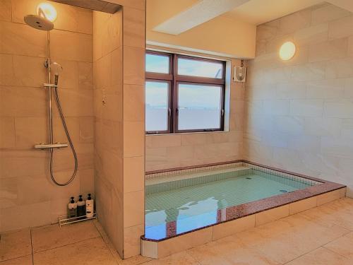 德岛德岛阳光酒店的带淋浴的浴室中的游泳池