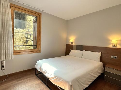 埃斯特里-德阿内乌Apartament al centre d'Esterri amb vistes úniques by RURAL D'ÀNEU的卧室配有白色的床和窗户。