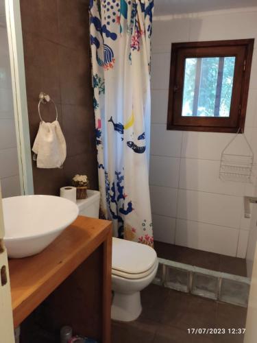马德普拉塔Cabaña UMA - Rumi Huasi的浴室设有卫生间、水槽和淋浴帘