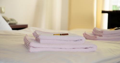 汉堡布兰克内瑟酒店的三条毛巾堆在床上