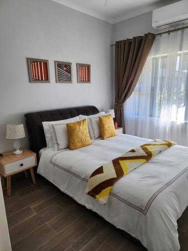 哈博罗内SaronaC102的一间卧室设有一张大床和一个窗户。