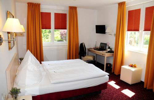 汉堡布兰克内瑟酒店的配有一张床和一张书桌的酒店客房