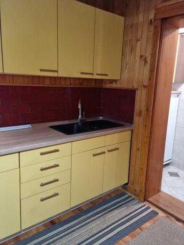 兹雷切Počitniška hiša LIPA的厨房配有黄色橱柜和水槽