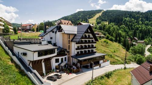 Statjunea BorsaHotel Roman Maramures - Ski & Spa Resort的享有山景的建筑空中景观