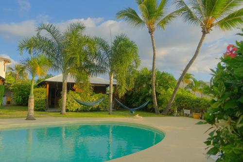 圣勒LES PECHEURS DU LAGON的一个带吊床和棕榈树的度假村