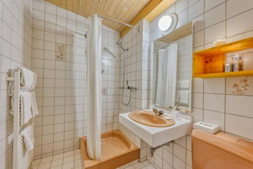 莱迪亚布勒雷发源地酒店的一间带水槽和淋浴的浴室