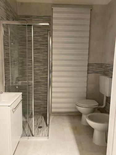洛萨皮内塔[SolMare] Apartments - Private parking - Pool的一间带卫生间和玻璃淋浴间的浴室