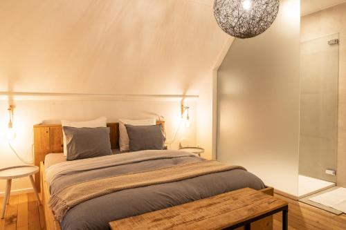 HulshoutDe Gulle Beemden的一间卧室配有一张大床和一个吊灯。