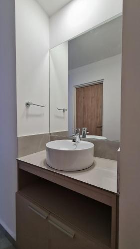 维拉卡洛斯帕兹维克多酒店的浴室设有白色水槽和镜子