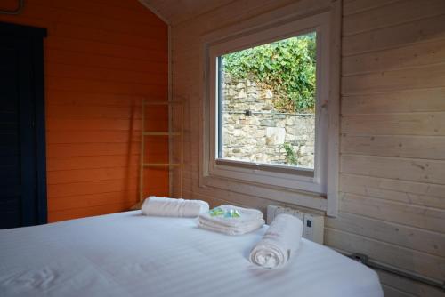 BaltinglassWest Wicklow Glamping with Hot Tub的窗户和毛巾的客房内的一张床位