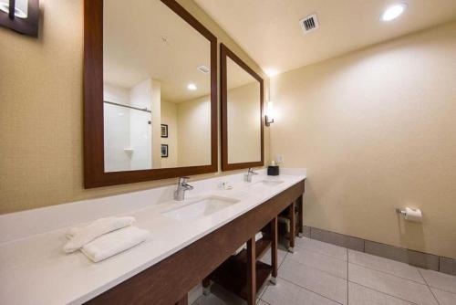 PiedmontComfort Suites Greenville South的一间带两个盥洗盆和大镜子的浴室