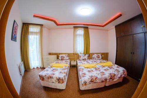 潘波洛沃Pamporovo Cottage Savov的配有镜子的客房内的两张床