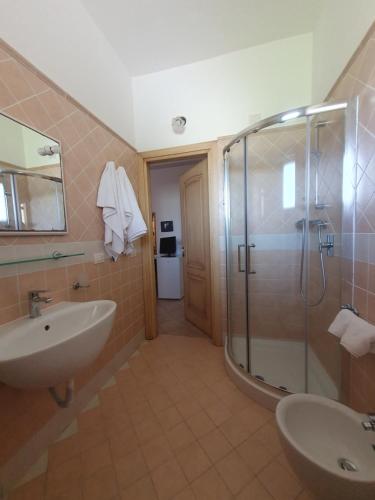 阿雷内拉Azzurro mare的一间带玻璃淋浴和水槽的浴室