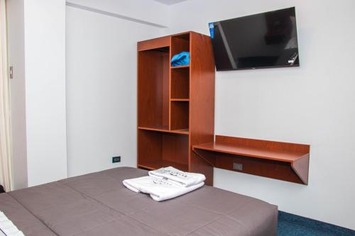 瓦拉斯Hotel Turístico Everest的一间卧室配有一张床,墙上配有电视