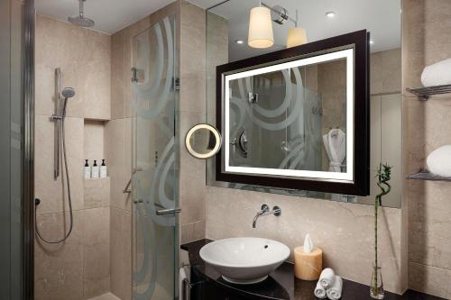 布拉迪斯拉发Grand Hotel River Park, a Luxury Collection Hotel, Bratislava的浴室配有盥洗盆和带镜子的淋浴