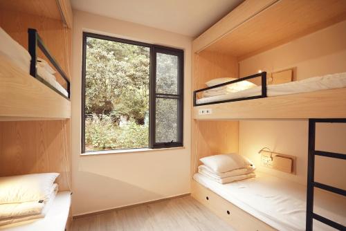 张家界天鹅之旅青年旅舍张家界武陵源国家森林公园店 的一个小房子,设有窗户和两张双层床