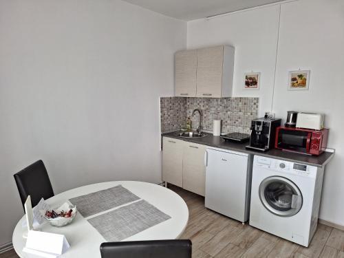 克卢日-纳波卡FARMEC Apartament的厨房配有桌子和洗衣机。