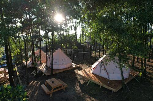 河内Viewest Glamping Dong Mo的一群帐篷坐在树上