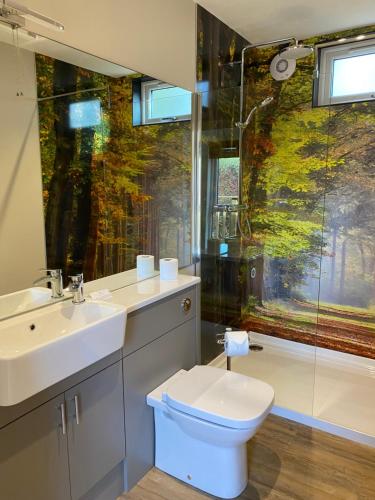 库珀Beechnut Lodge with Hot Tub的浴室配有卫生间、盥洗盆和淋浴。