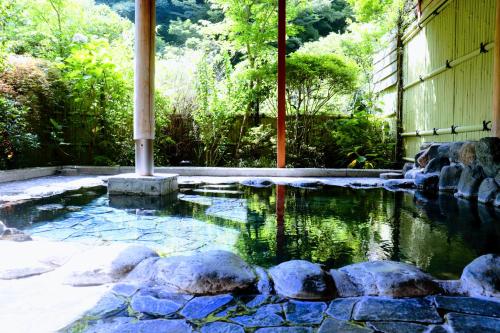 箱根Onsen Guest House Tsutaya的花园中一个岩石池
