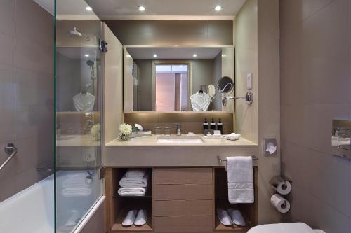 利马索尔Royal Apollonia by Louis Hotels的一间带水槽、淋浴和镜子的浴室