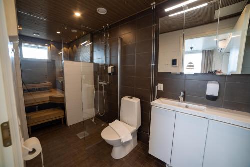 卡拉约基Rantakallan Jäkälähovi的浴室配有卫生间、盥洗盆和淋浴。