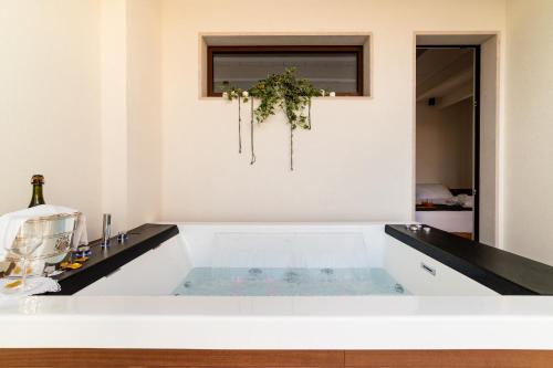 孔韦尔萨诺Arringo - Stay comfy的客厅设有按摩浴缸和窗户