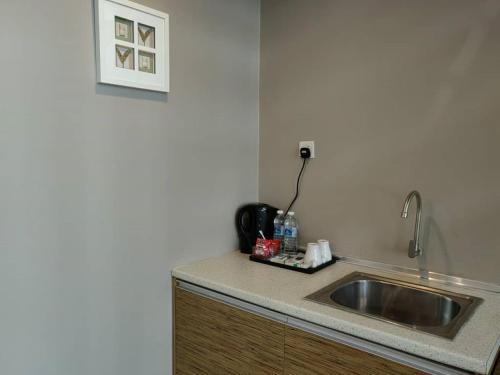 峇六拜The CEO Executive Suites的一个带水槽的厨房台面和墙上的照片