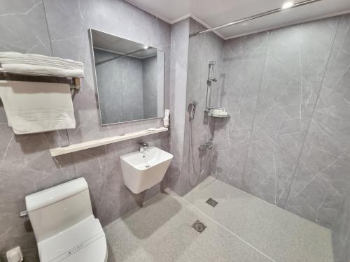 首尔LEX旅游酒店 的浴室配有卫生间、盥洗盆和淋浴。