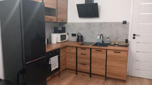 格但斯克Apartament Portowa OSTOJA的厨房配有黑色冰箱和木制橱柜。
