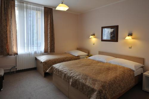 布拉格威尔海姆酒店的酒店客房设有两张床和窗户。