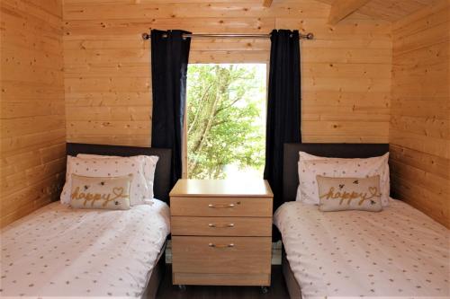 伊夫舍姆Inviting 3-Bedroom Lodge in Ashton Under Hill的小屋设有两张单人床和窗户。